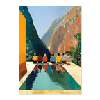 Reflection of Silence - Poster featuring people meditating by a reflective pool in a serene canyon setting.