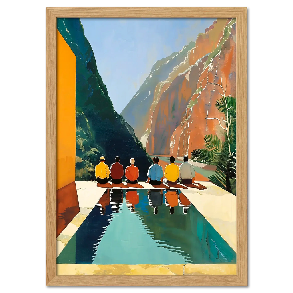 Reflection of Silence - Poster featuring people meditating by a reflective pool in a canyon landscape.