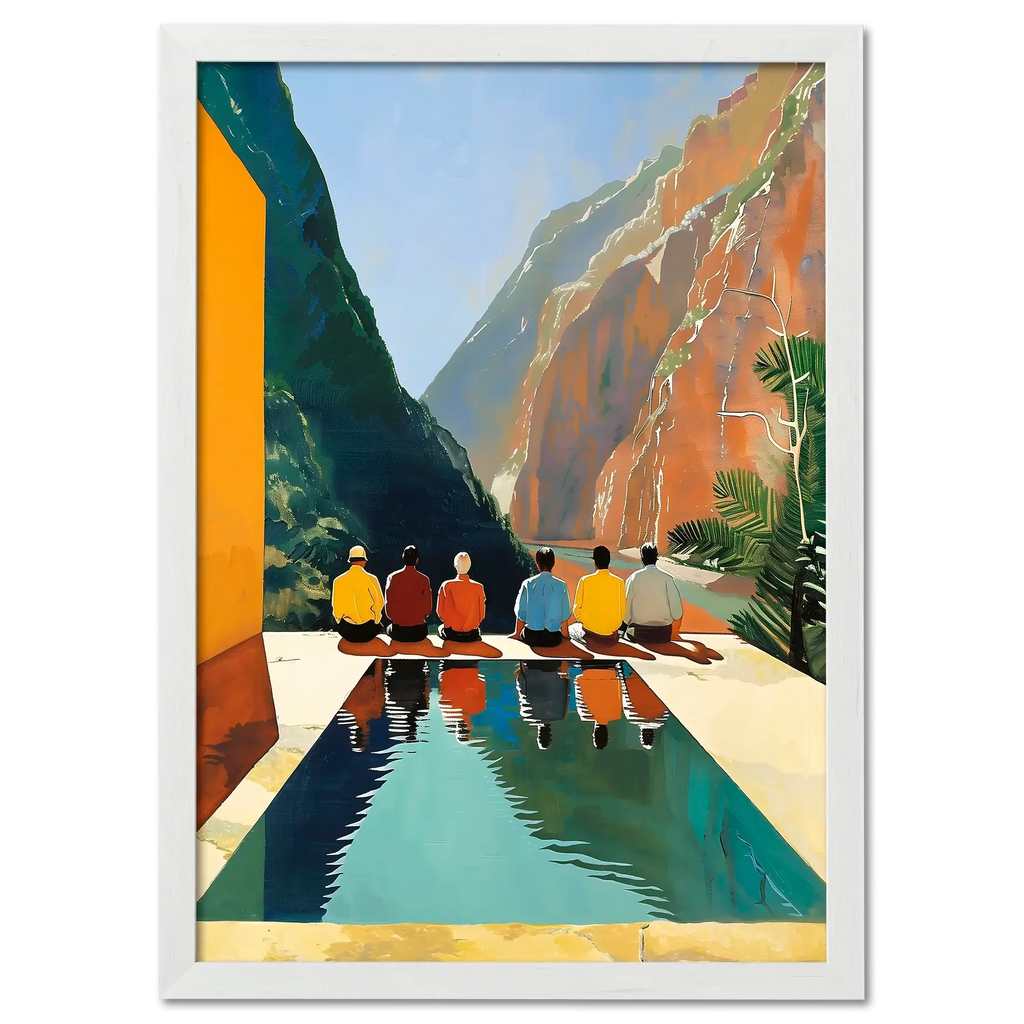 Reflection of Silence - Poster featuring people meditating by a reflective pool in a canyon landscape.