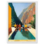 Reflection of Silence - Poster featuring people meditating by a reflective pool in a canyon landscape.