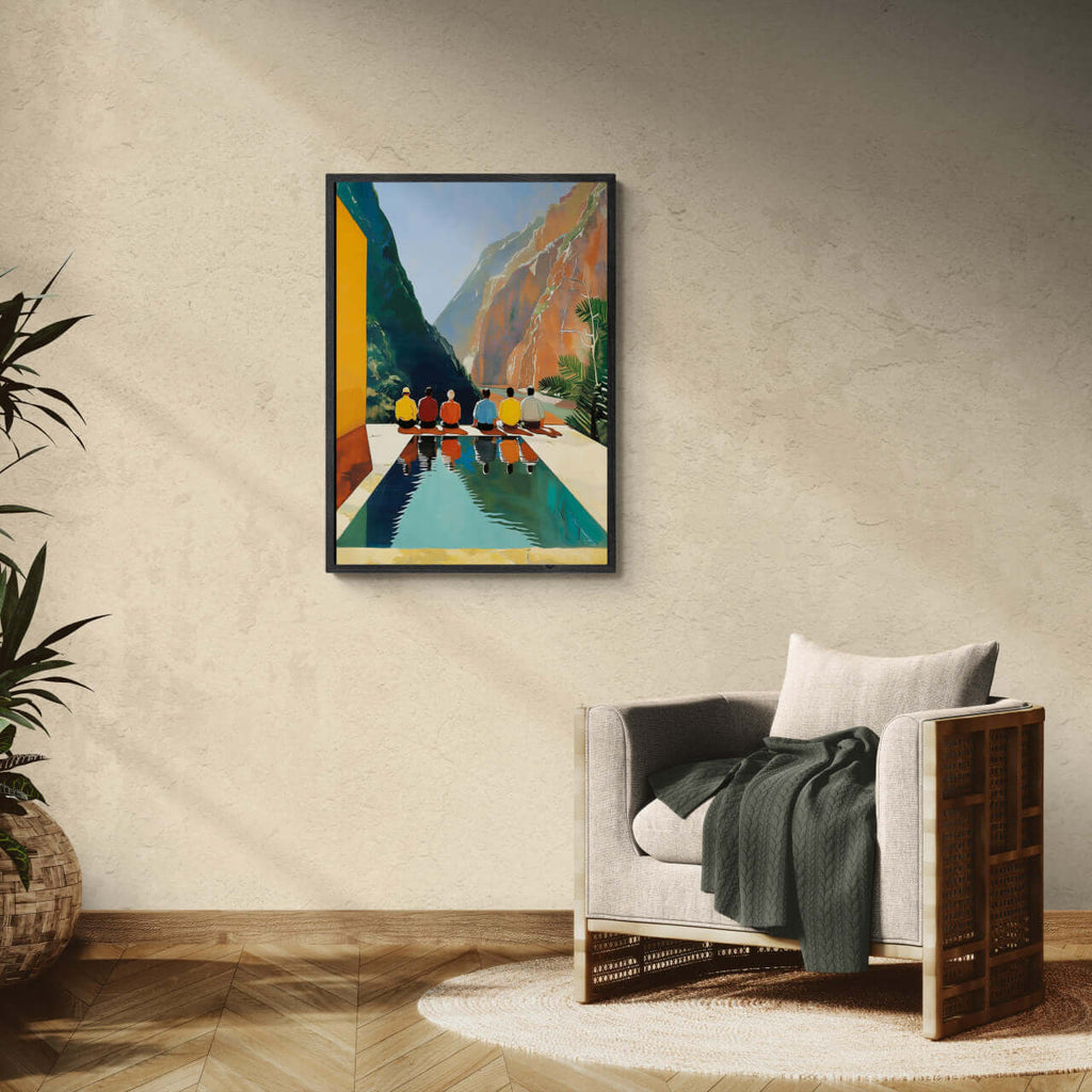 Reflection of Silence - Poster showcasing people by a reflective pool with canyon backdrop, ideal wall art for serene spaces.