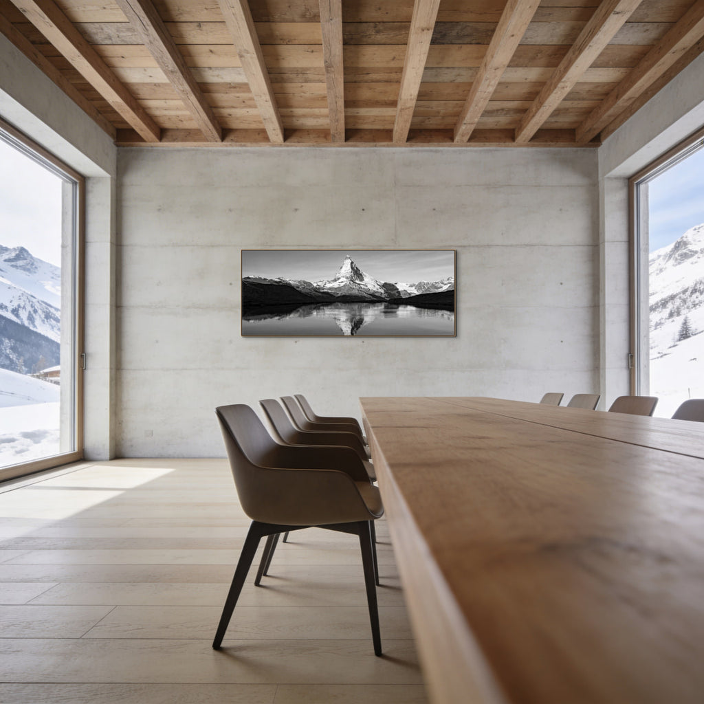 Reflection of the Matterhorn – Alu-Dibond wall art displayed in a modern alpine dining room setting.