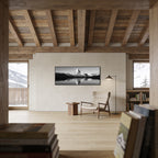 Reflection of the Matterhorn – Alu-Dibond wall art displayed in a cozy alpine living room setting.