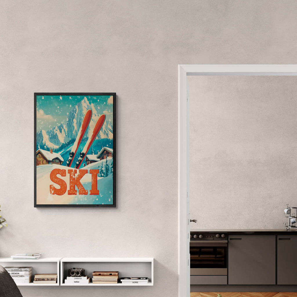 Retro Ski Vibes - Poster featuring red skis in a cozy alpine scene, perfect wall art for winter enthusiasts.