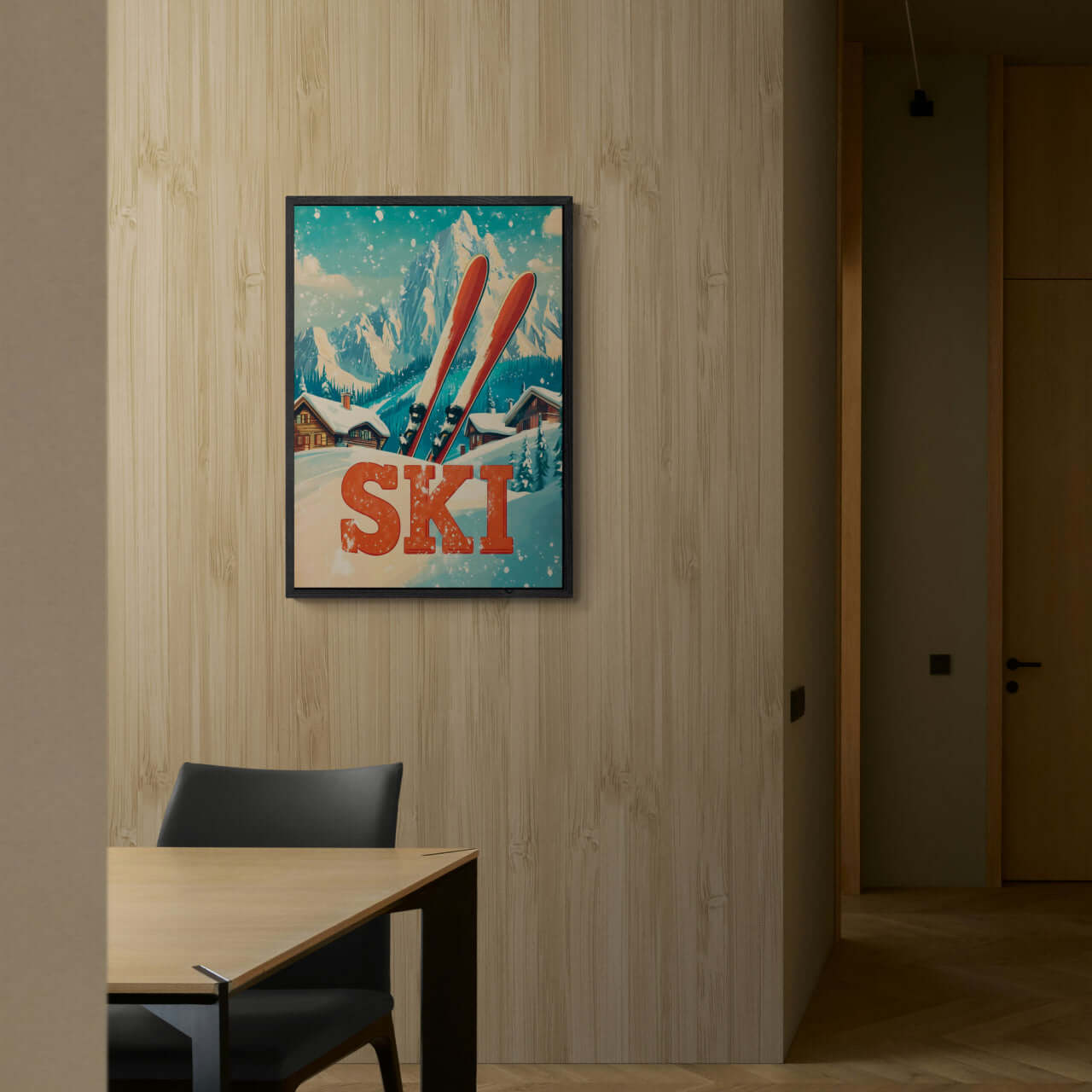 Retro Ski Vibes - Poster featuring red skis in winter scene with mountains and chalets, ideal wall art for cozy spaces.
