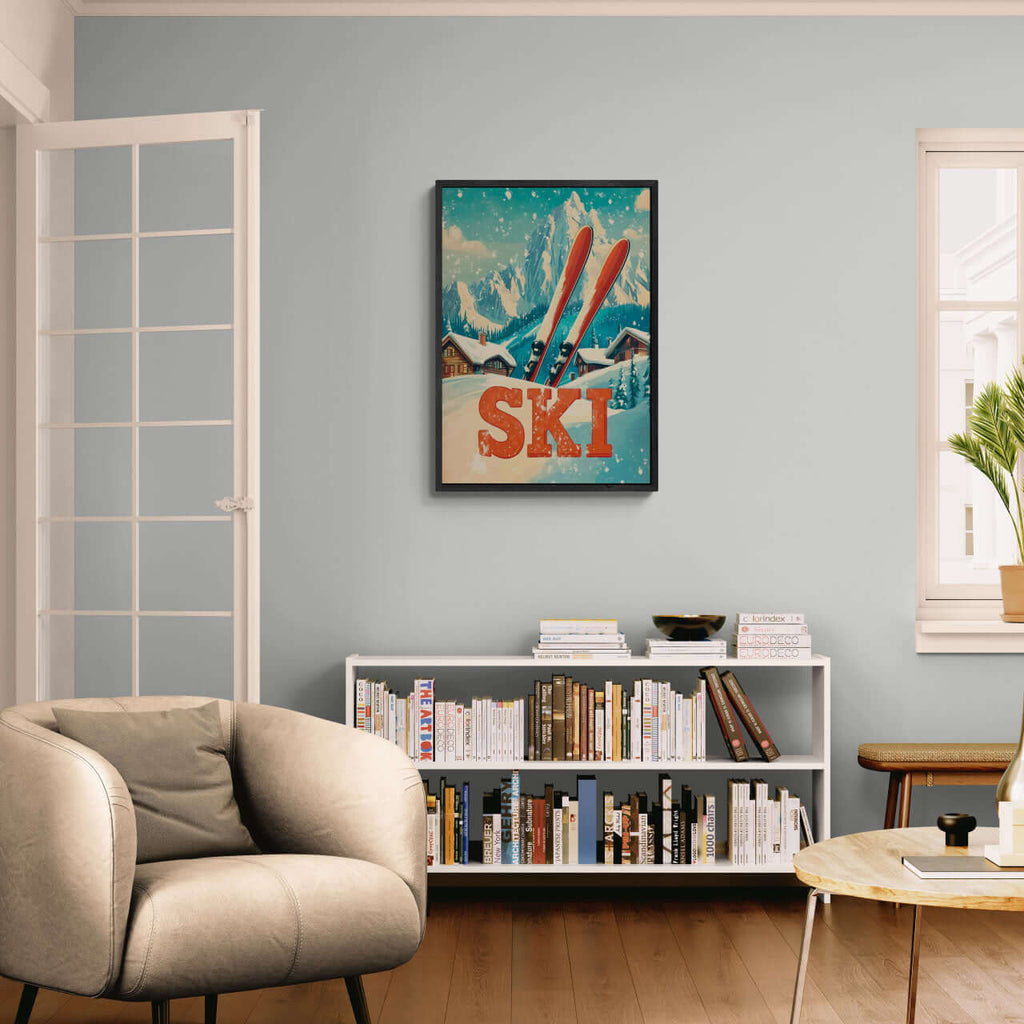 Retro Ski Vibes - Poster featuring red skis and alpine scenery in a cozy living room.