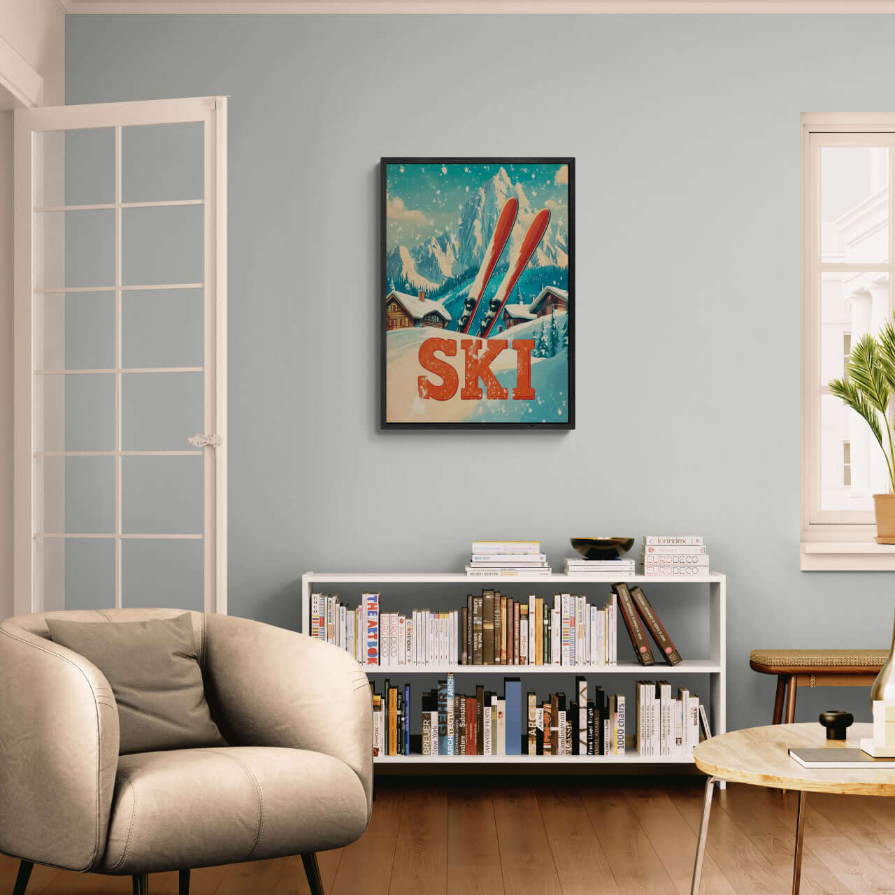 Retro Ski Vibes - Poster featuring red skis and alpine scenery in a cozy living room.