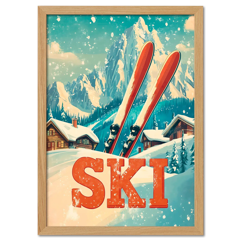 Retro Ski Vibes - Poster featuring red skis in snow with alpine chalets and mountains in a nostalgic winter scene.