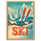 Retro Ski Vibes - Poster featuring red skis in snow with alpine chalets and mountains in a nostalgic winter scene.