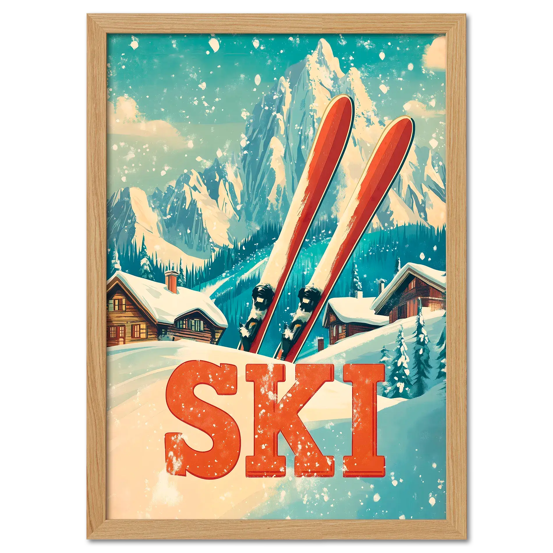 Retro Ski Vibes - Poster featuring red skis in snow with alpine chalets and mountains in a nostalgic winter scene.
