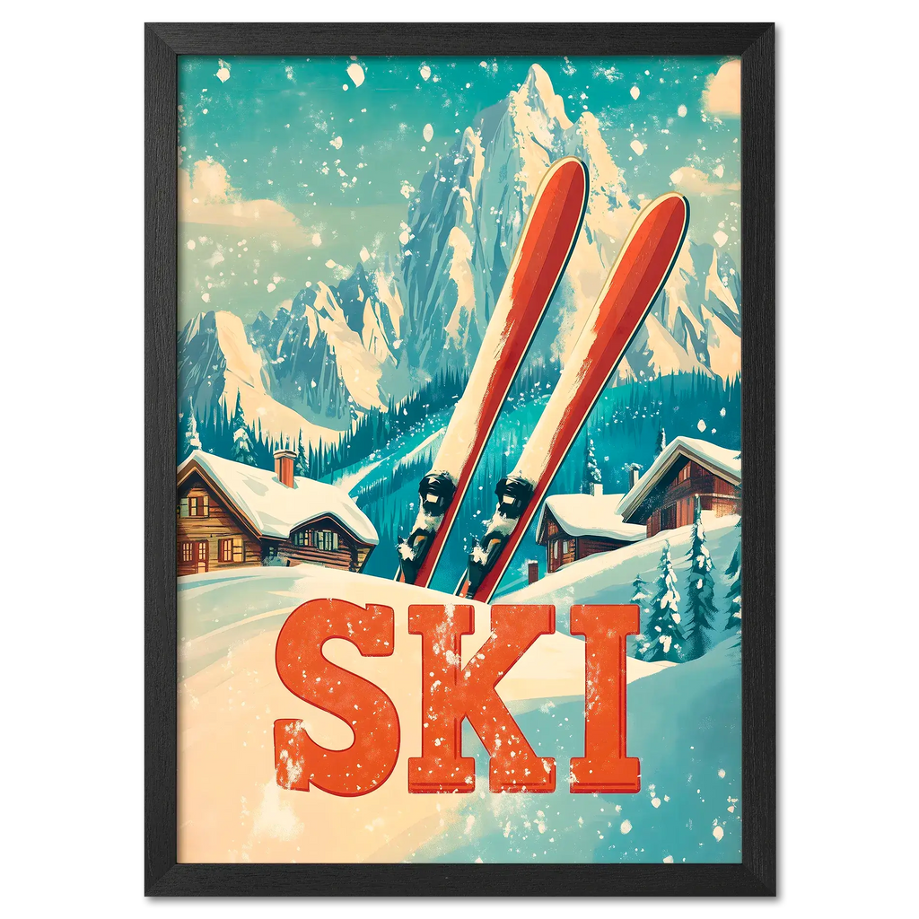 Retro Ski Vibes - Poster featuring red skis in snow with alpine chalets and mountains under a turquoise sky.