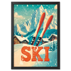 Retro Ski Vibes - Poster featuring red skis in snow with alpine chalets and mountains under a turquoise sky.
