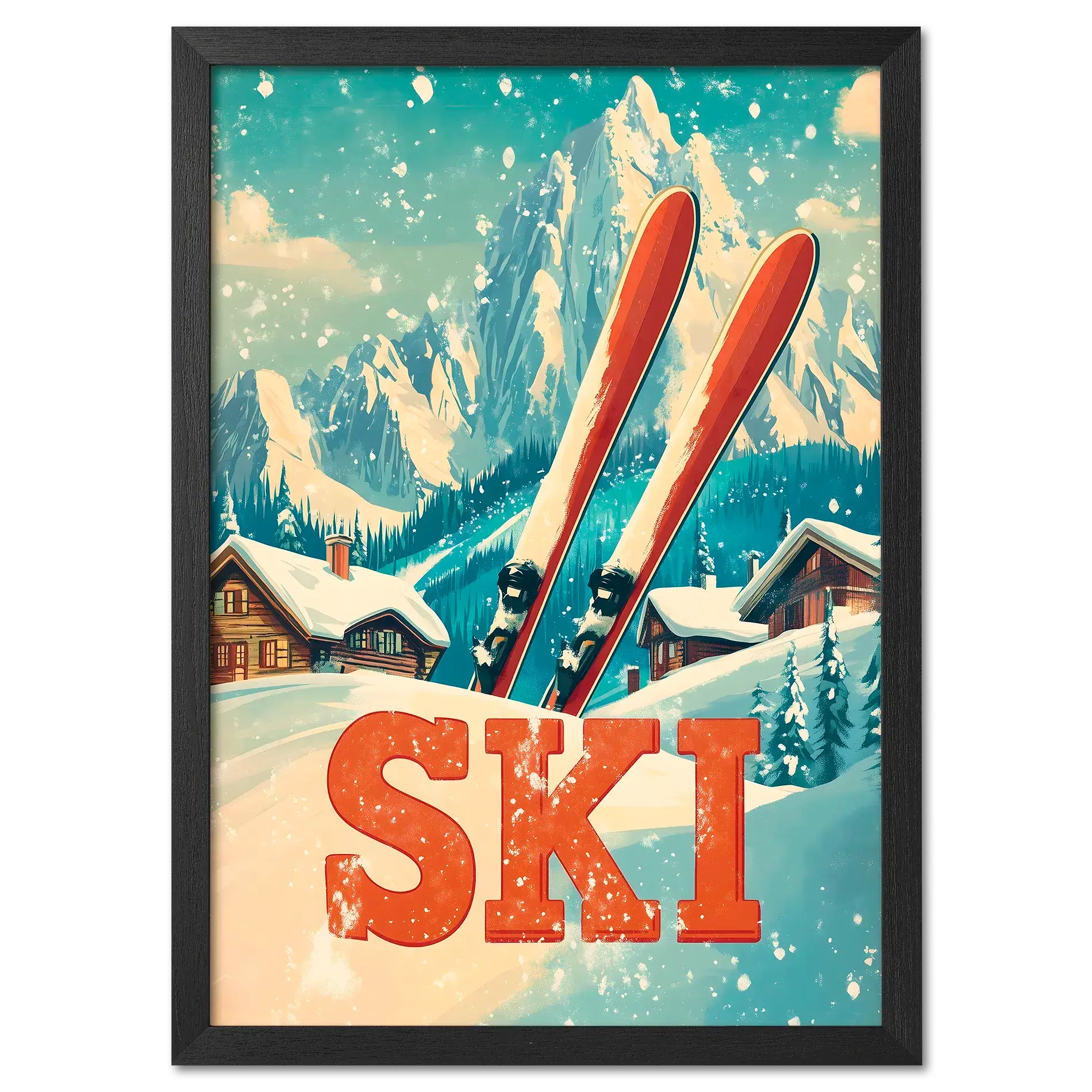 Retro Ski Vibes - Poster featuring red skis in snow with alpine chalets and mountains under a turquoise sky.
