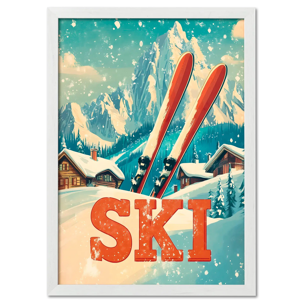 Retro Ski Vibes - Poster featuring red skis, alpine chalets, and snow-filled scenery.