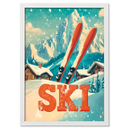 Retro Ski Vibes - Poster featuring red skis, alpine chalets, and snow-filled scenery.
