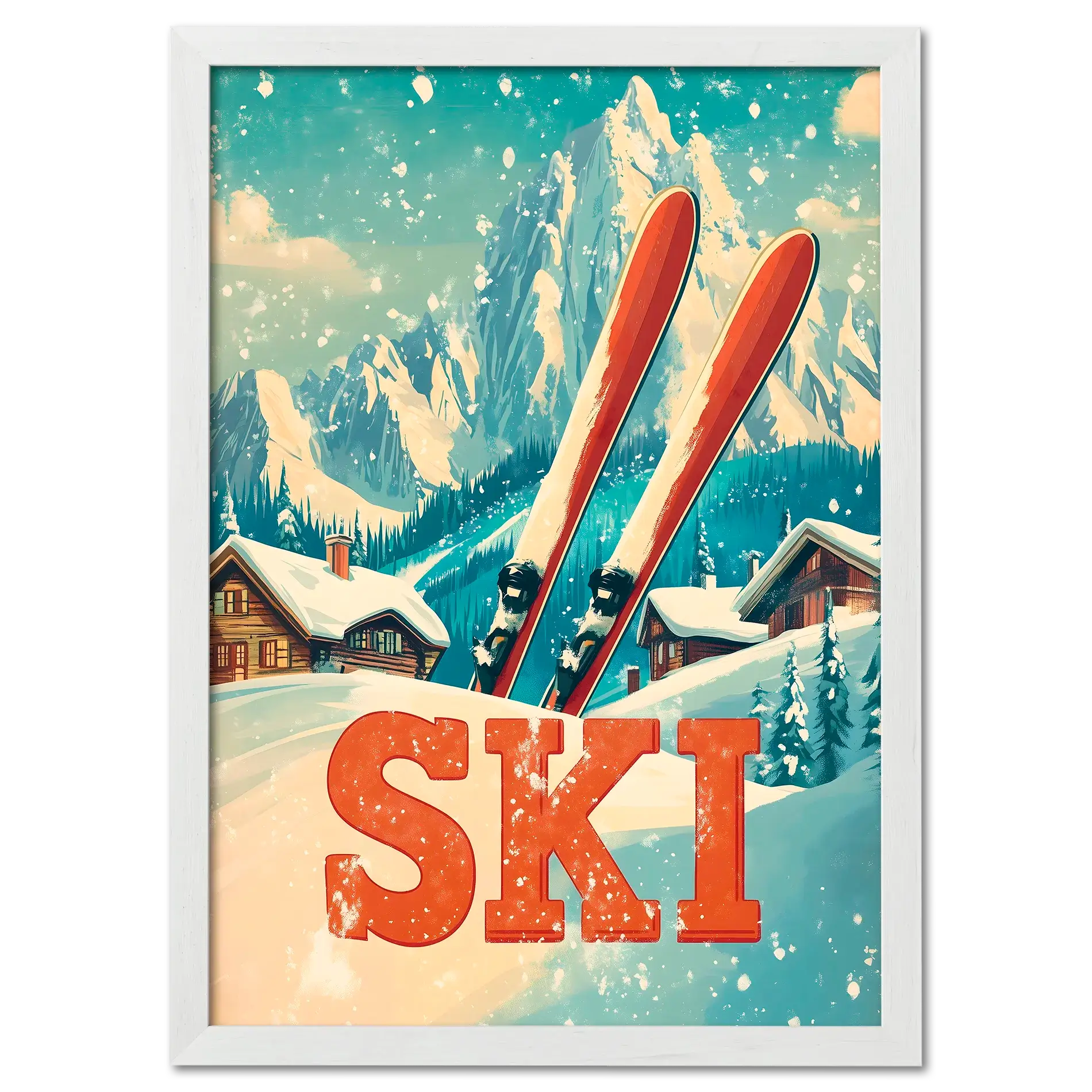 Retro Ski Vibes - Poster featuring red skis, alpine chalets, and snow-filled scenery.