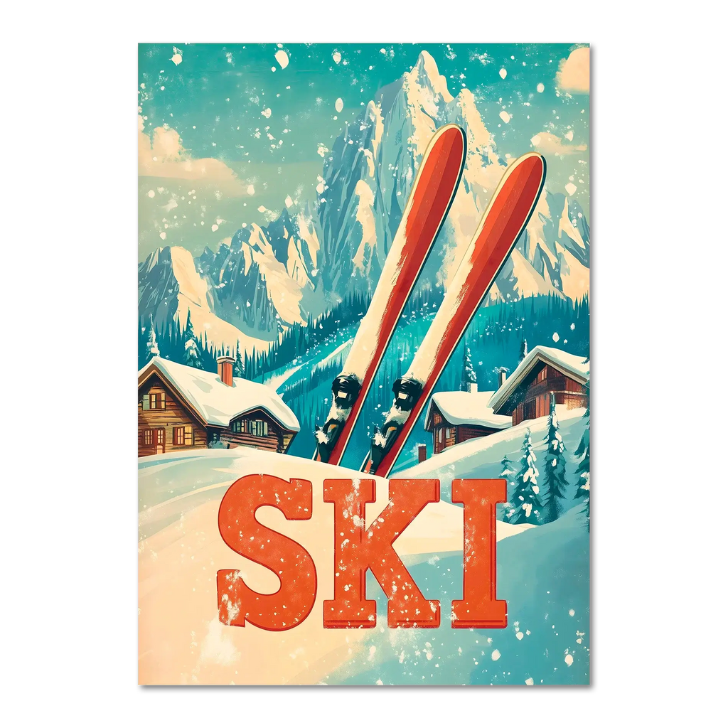 Retro Ski Vibes - Poster featuring red skis in snow with alpine chalets and mountains under a turquoise sky.