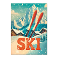 Retro Ski Vibes - Poster featuring red skis in snow with alpine chalets and mountains under a turquoise sky.
