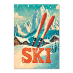 Retro Ski Vibes - Poster featuring red skis in snow with alpine chalets and mountains under a turquoise sky.
