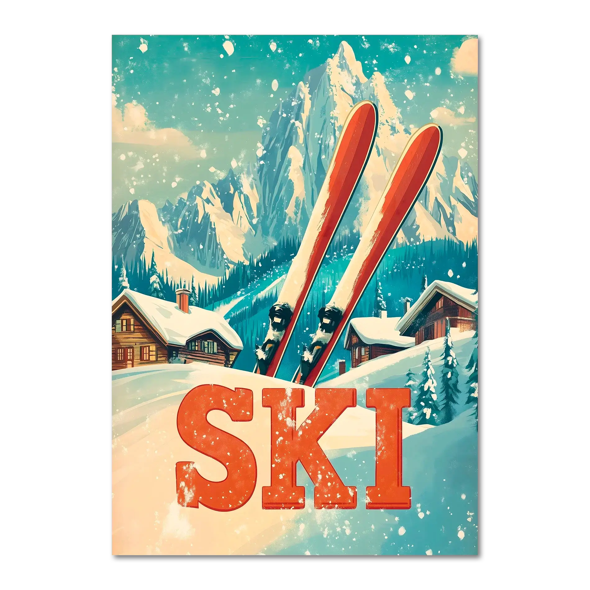 Retro Ski Vibes - Poster featuring red skis in snow with alpine chalets and mountains under a turquoise sky.