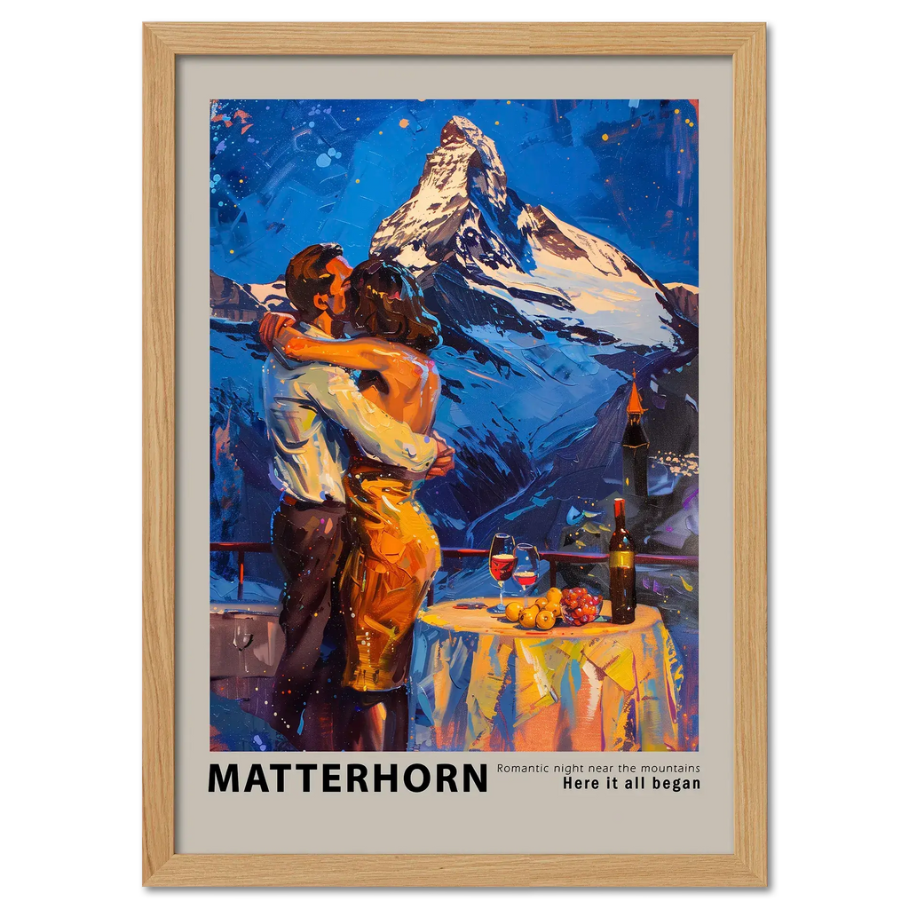 Romantic dinner near the Matterhorn - Poster featuring a couple embracing with a mountain backdrop in a cozy setting.