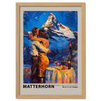 Romantic dinner near the Matterhorn - Poster featuring a couple embracing with a mountain backdrop in a cozy setting.