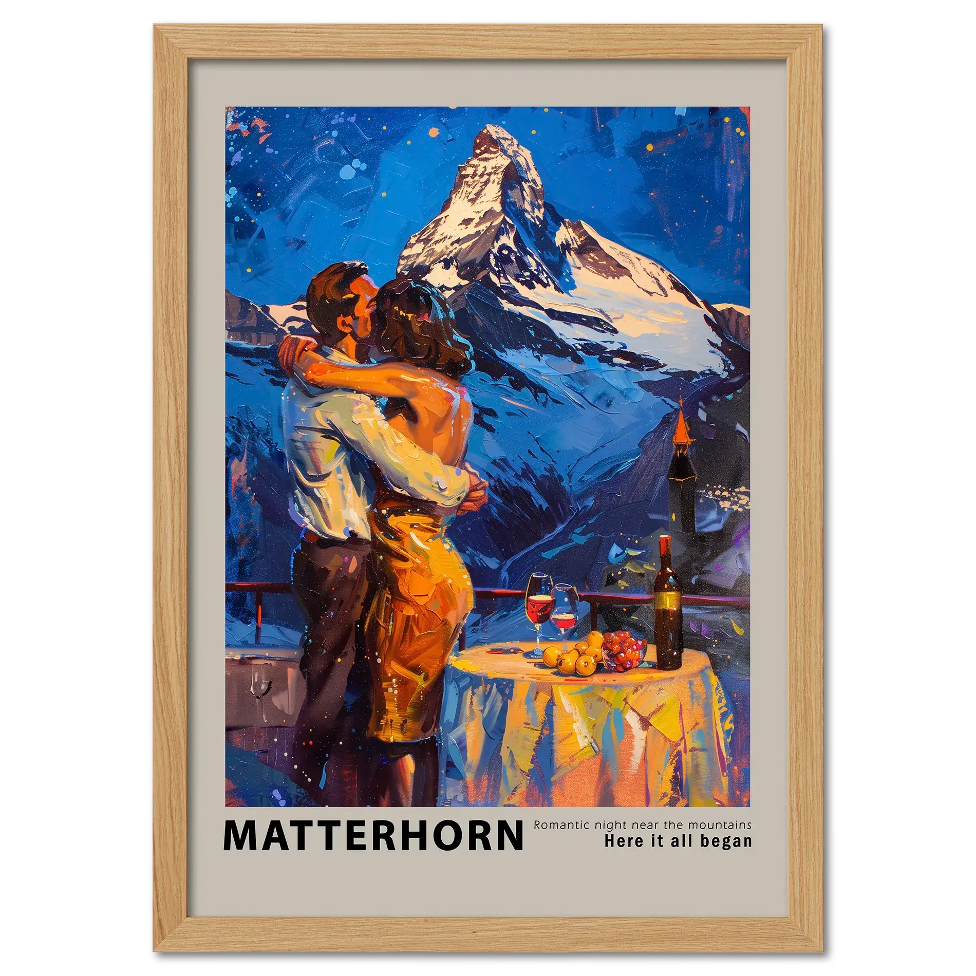 Romantic dinner near the Matterhorn - Poster featuring a couple embracing with a mountain backdrop in a cozy setting.