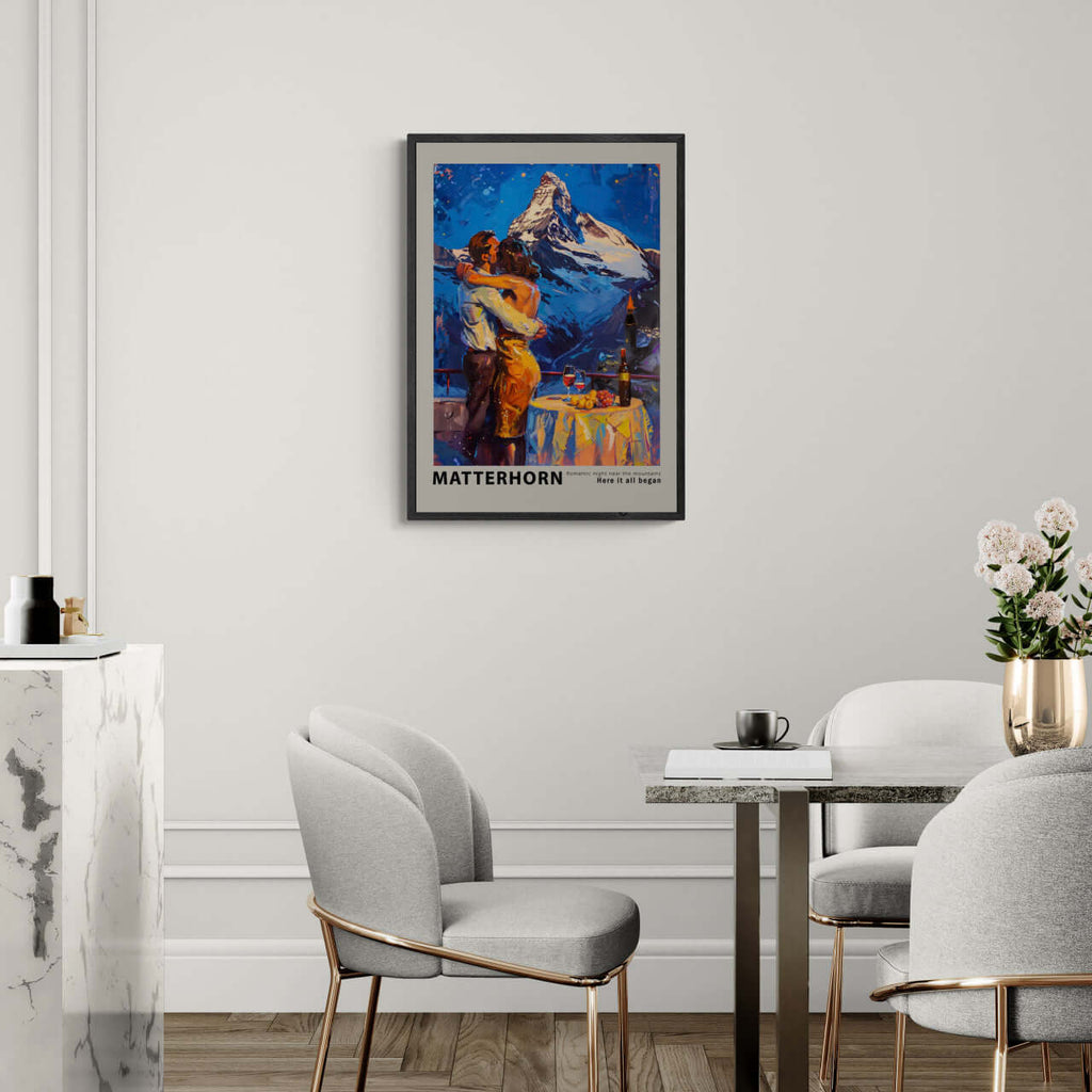 Romantic dinner near the Matterhorn - Poster showcasing a couple embracing, surrounded by mountains and warm candlelight.