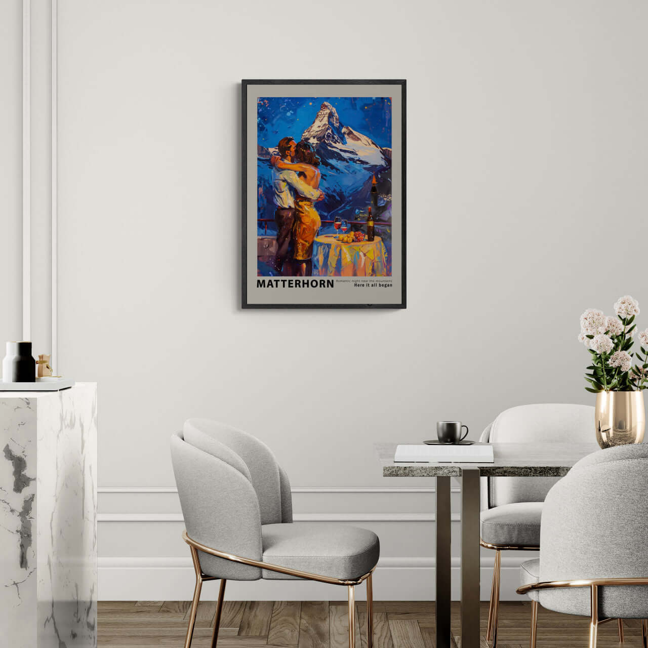 Romantic dinner near the Matterhorn - Poster showcasing a couple embracing, surrounded by mountains and warm candlelight.