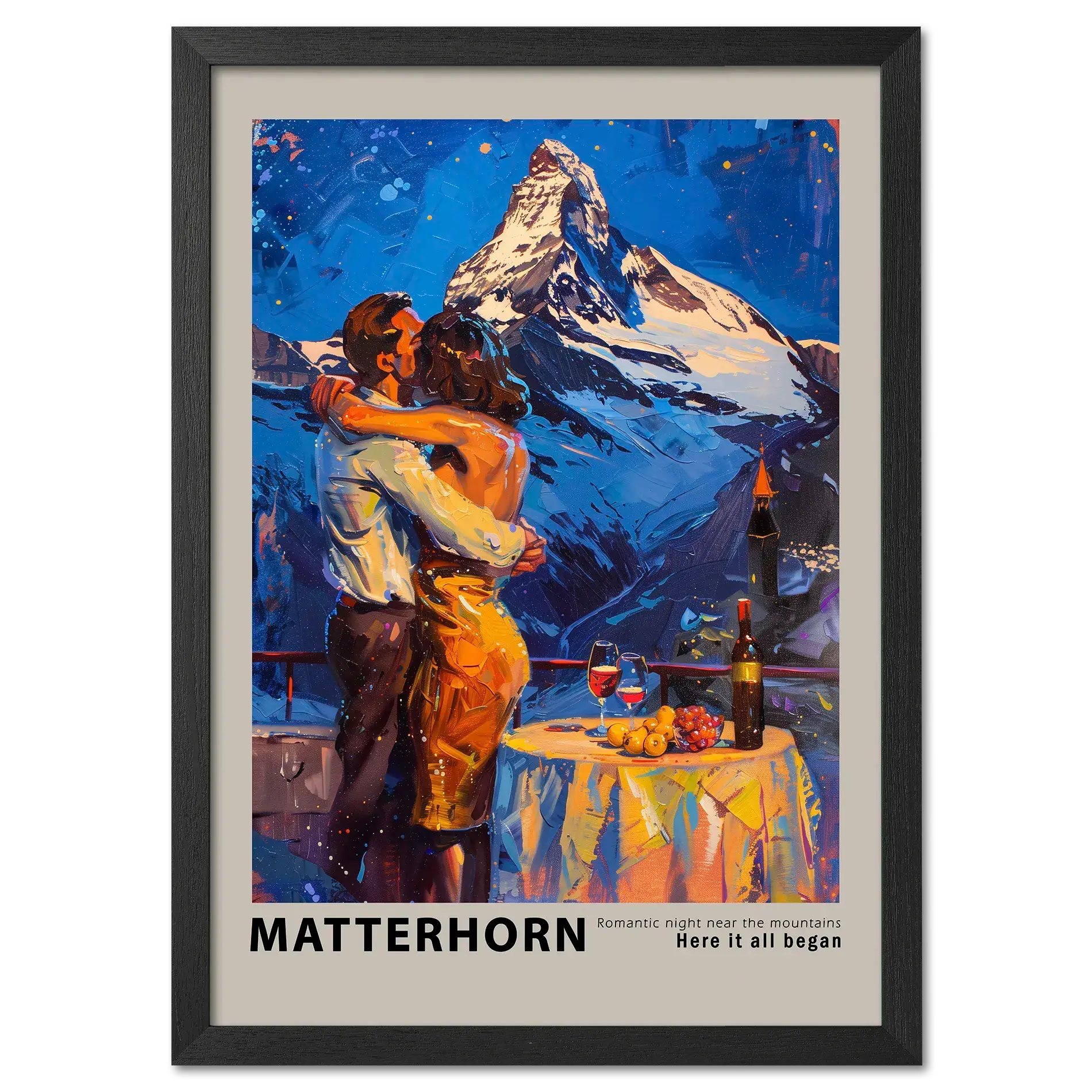 Romantic dinner near the Matterhorn - Poster featuring a couple embracing with the Matterhorn mountain backdrop.