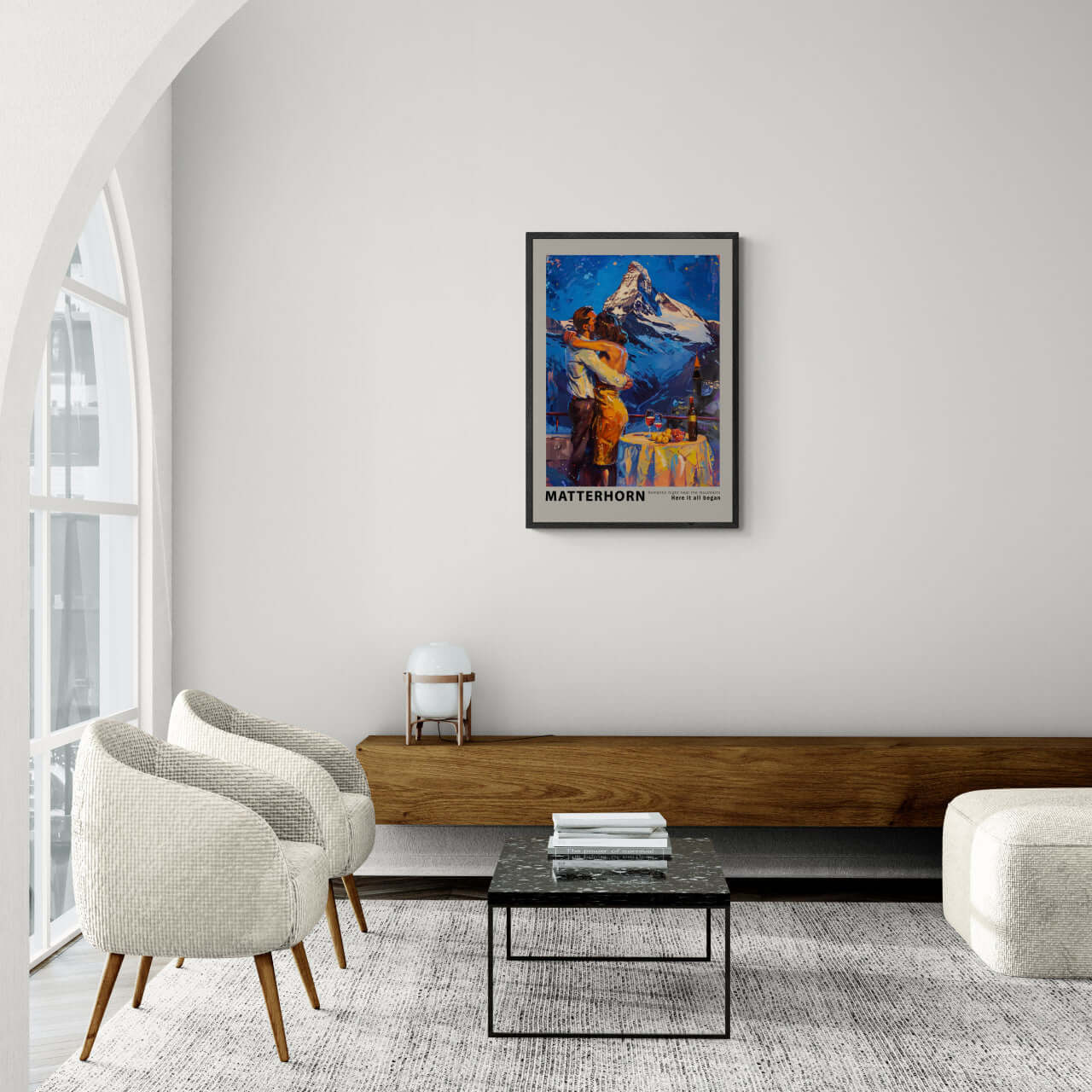 Romantic dinner near the Matterhorn - Poster displayed in a modern living room, enhancing wall art decor.