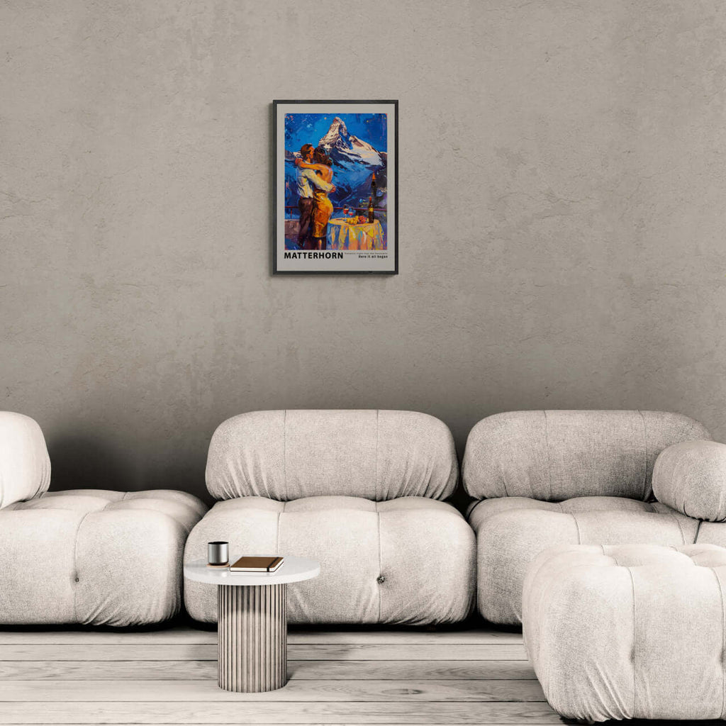 Romantic dinner near the Matterhorn - Poster displayed in a modern living room setting with cozy furniture.