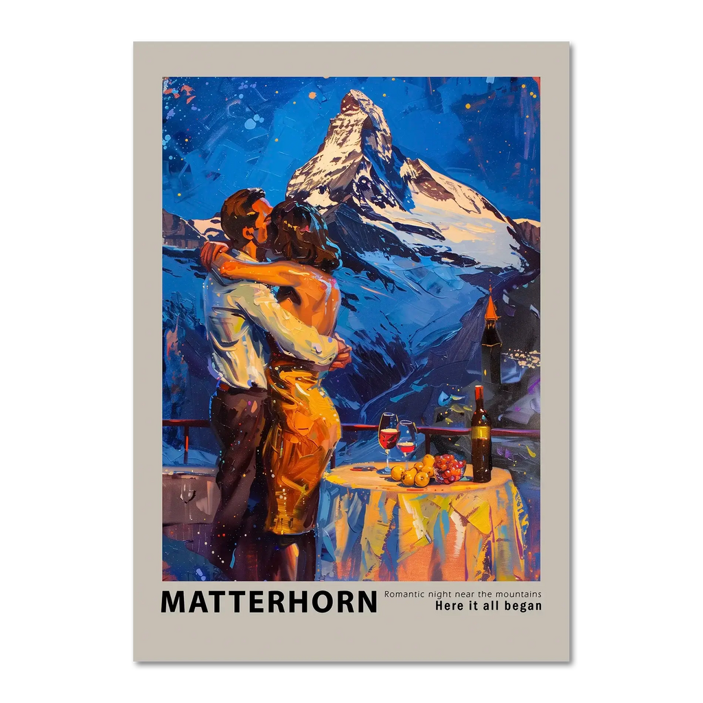 Romantic dinner near the Matterhorn - Poster featuring a couple embracing with the Matterhorn in the background.
