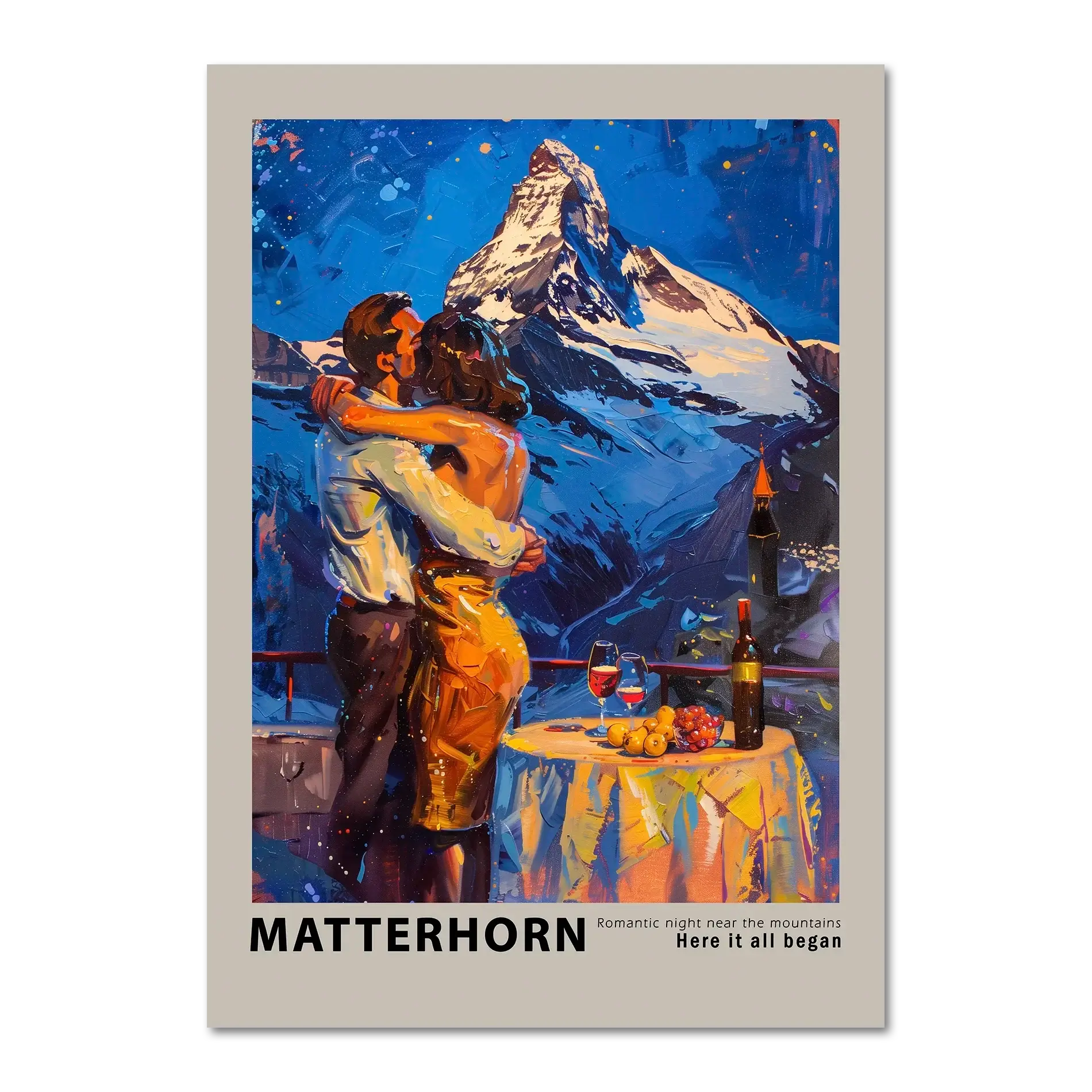 Romantic dinner near the Matterhorn - Poster featuring a couple embracing with the Matterhorn in the background.