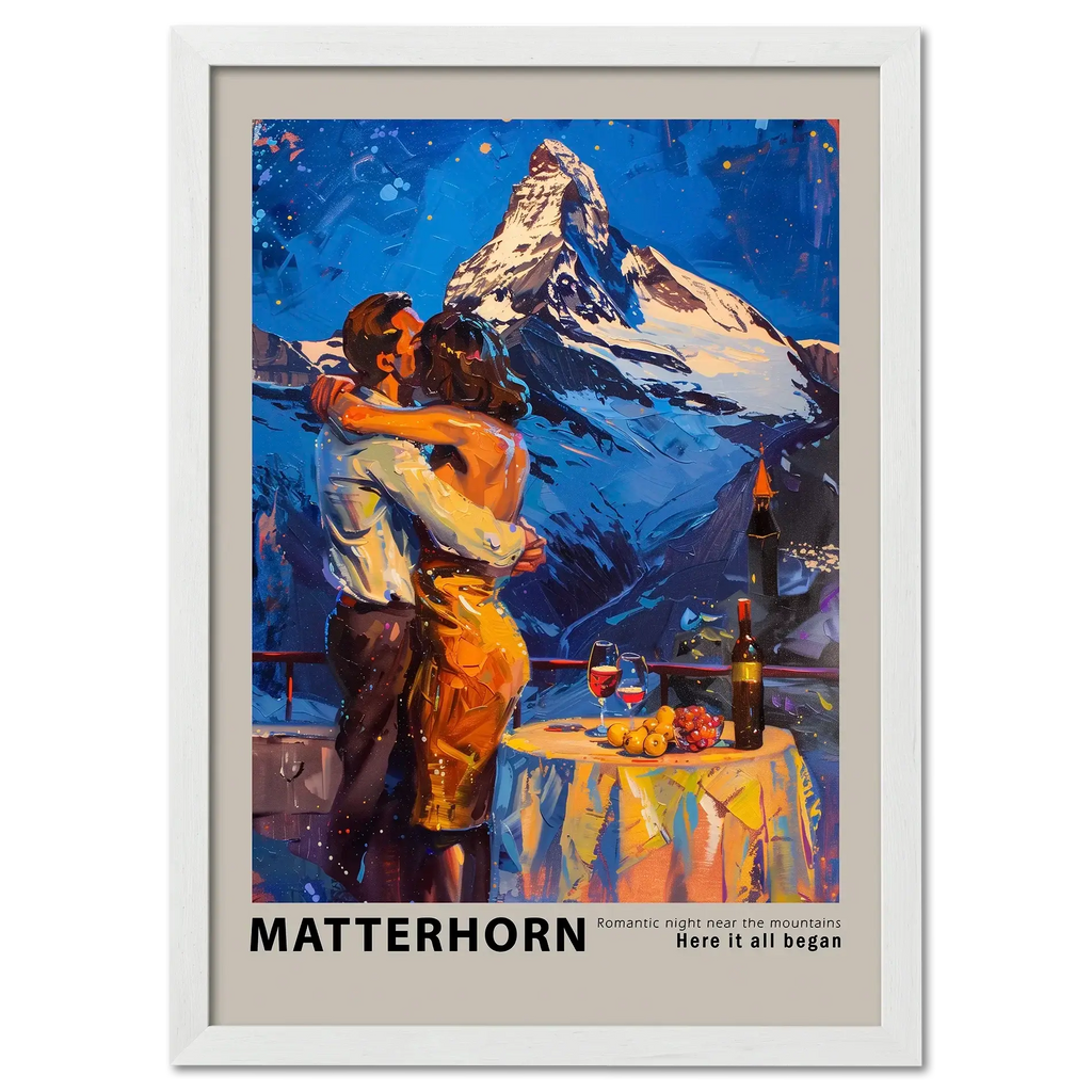 Romantic dinner near the Matterhorn - Poster featuring a couple embracing with the mountain backdrop.