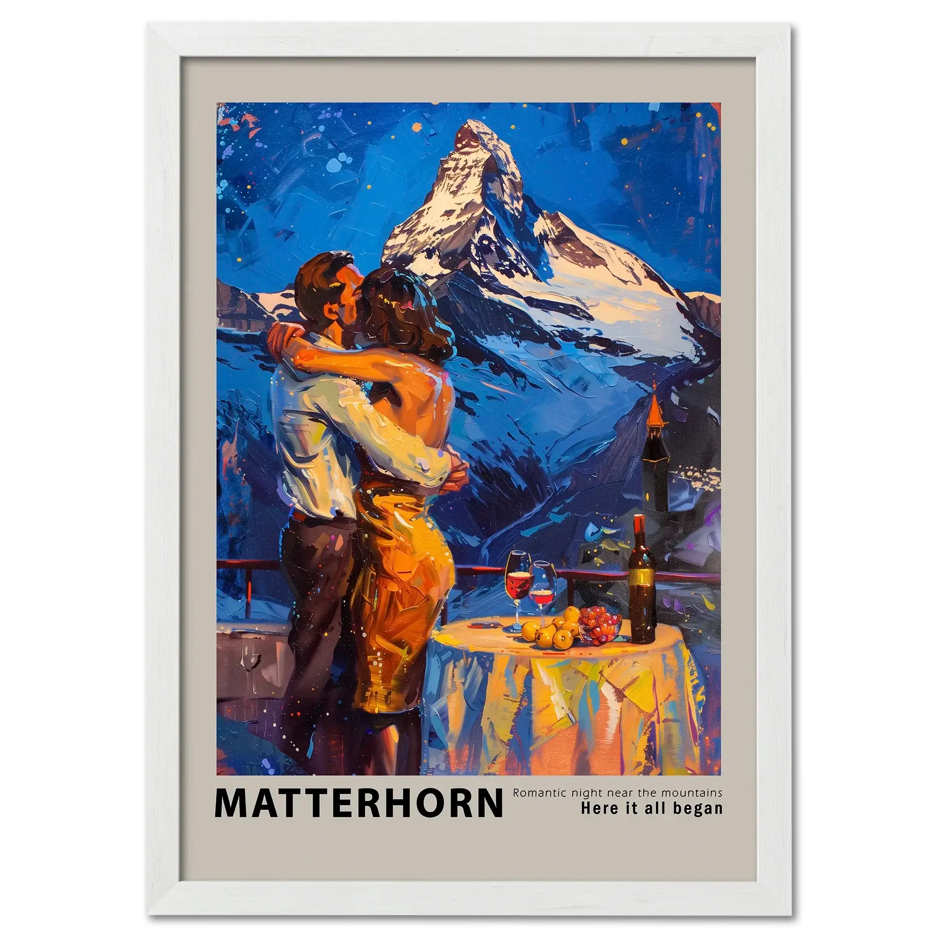 Romantic dinner near the Matterhorn - Poster featuring a couple embracing with the mountain backdrop.