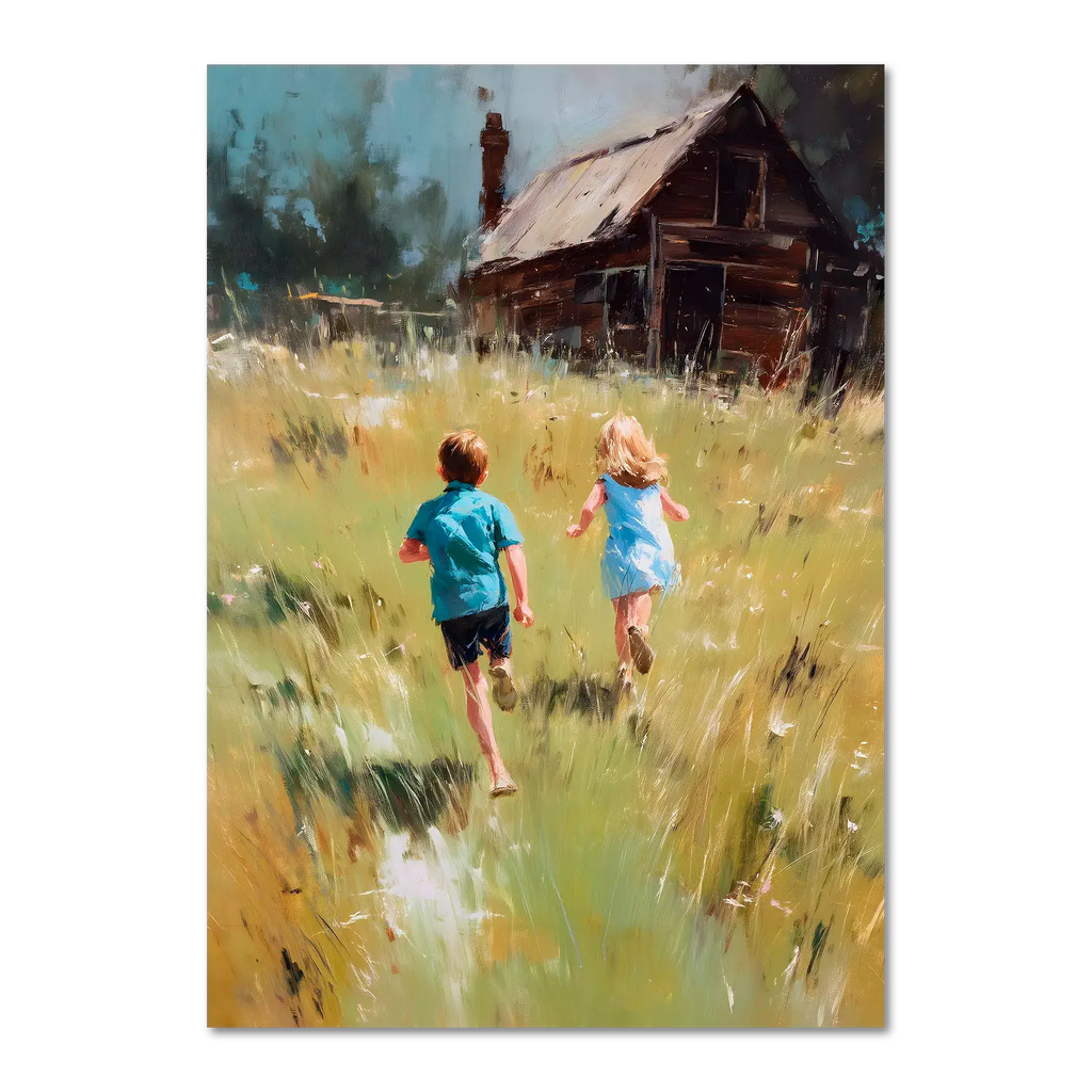 Running Home, Summer Alps - Poster featuring children running through a sunlit alpine meadow toward a wooden house.