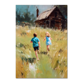 Running Home, Summer Alps - Poster featuring children running through a sunlit alpine meadow toward a wooden house.