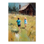 Running Home, Summer Alps - Poster featuring children running through a sunlit alpine meadow toward a wooden house.