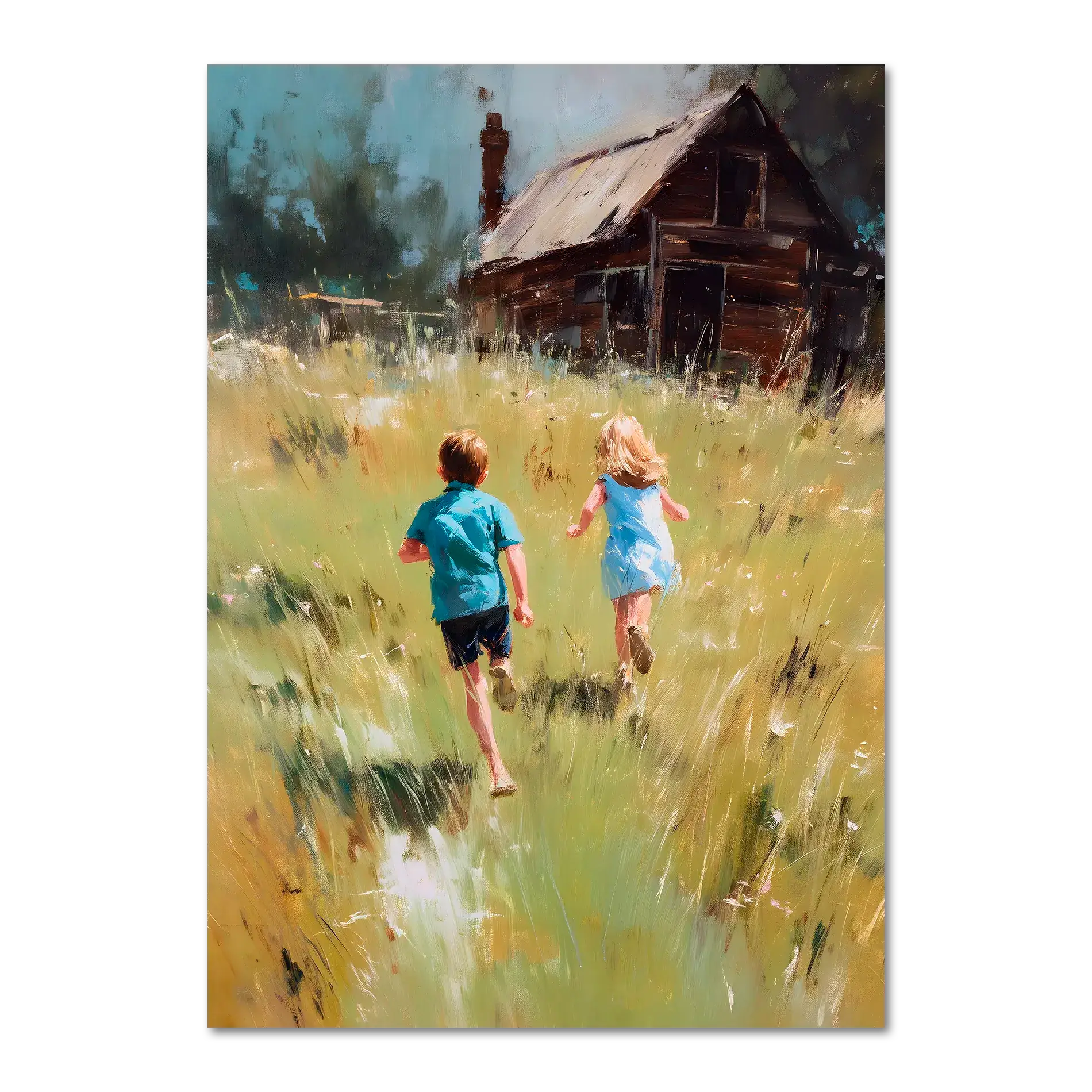 Running Home, Summer Alps - Poster featuring children running through a sunlit alpine meadow toward a wooden house.