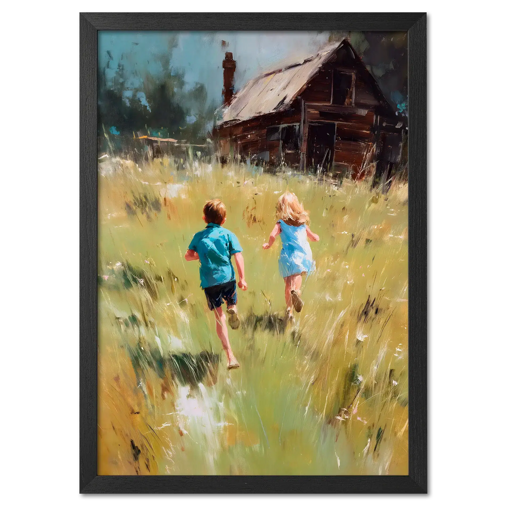 Running Home, Summer Alps - Poster featuring children running through an alpine meadow toward a wooden house.