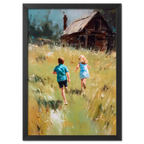 Running Home, Summer Alps - Poster featuring children running through an alpine meadow toward a wooden house.