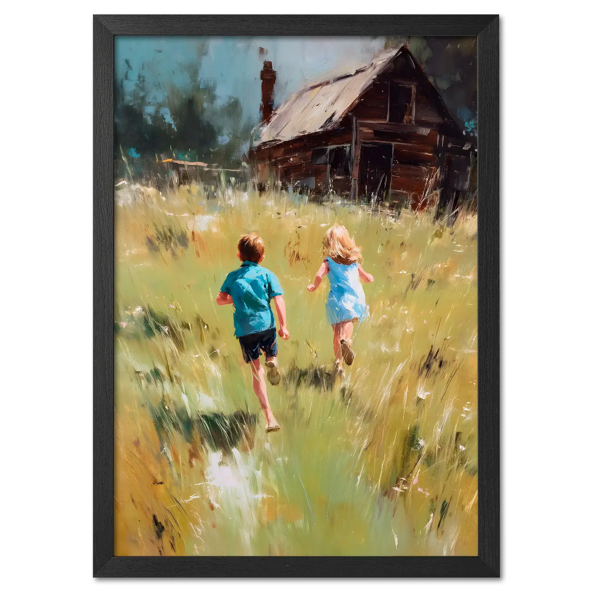 Running Home, Summer Alps - Poster featuring children running through an alpine meadow toward a wooden house.