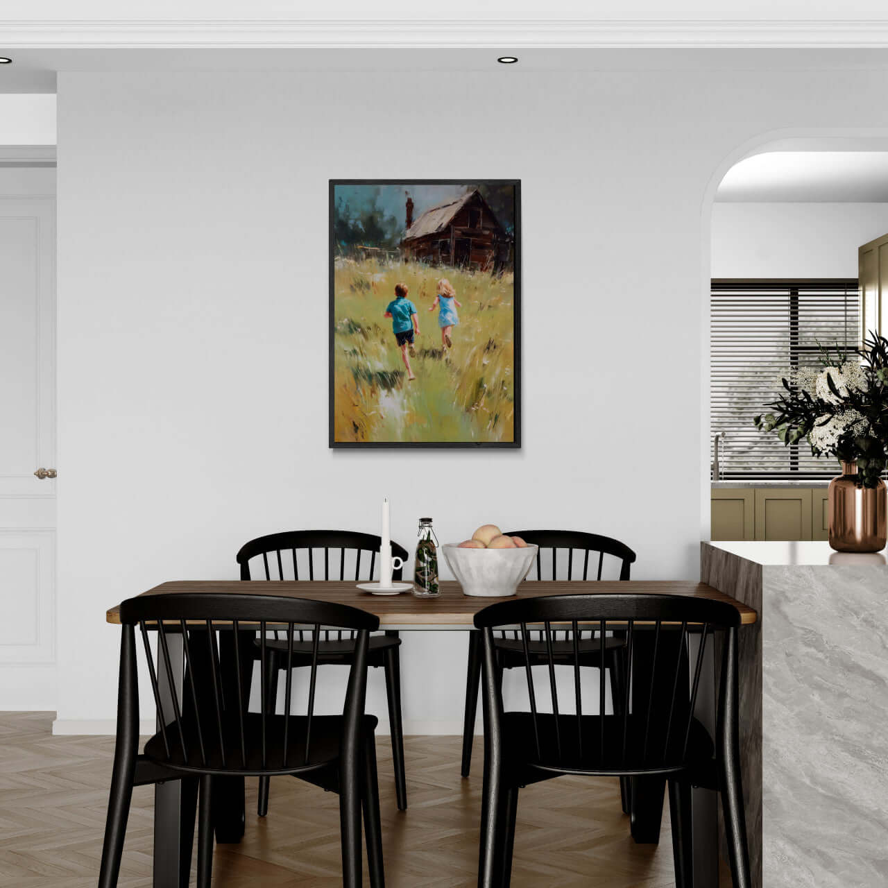 Running Home, Summer Alps - Poster featuring children running in an alpine meadow, ideal wall art for modern interiors.