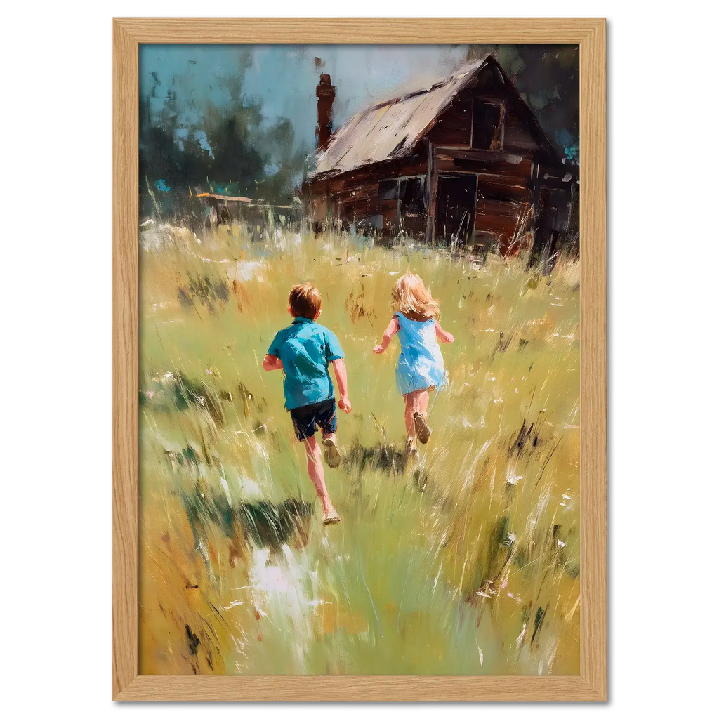 Running Home, Summer Alps - Poster depicting two children running through an alpine meadow towards a wooden house.