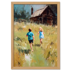 Running Home, Summer Alps - Poster depicting two children running through an alpine meadow towards a wooden house.