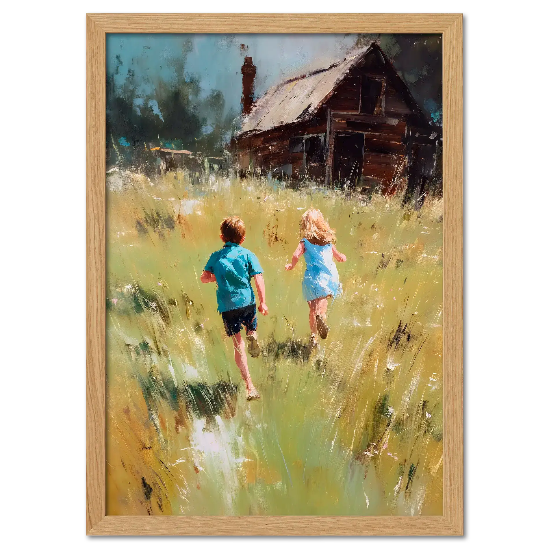Running Home, Summer Alps - Poster depicting two children running through an alpine meadow towards a wooden house.