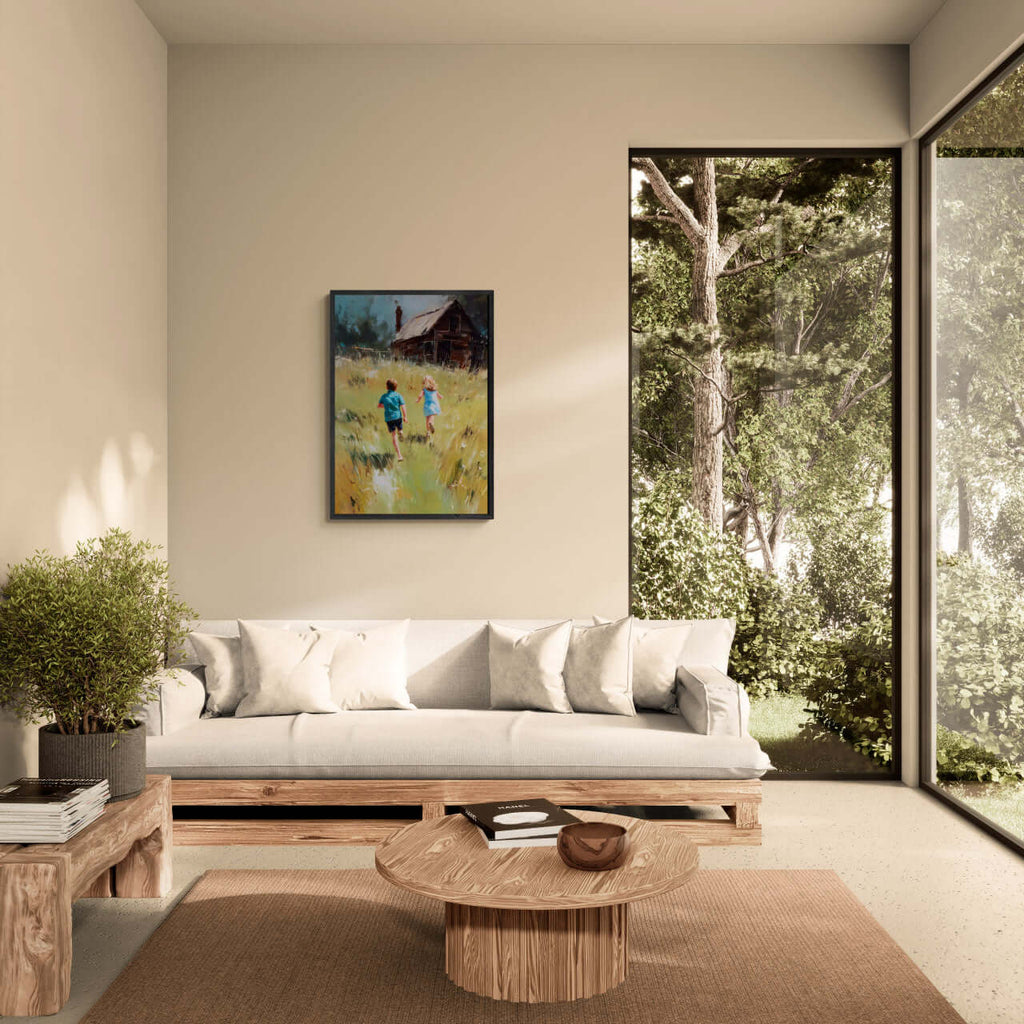 Running Home, Summer Alps - Poster displayed in modern living room with light colors and natural decor.