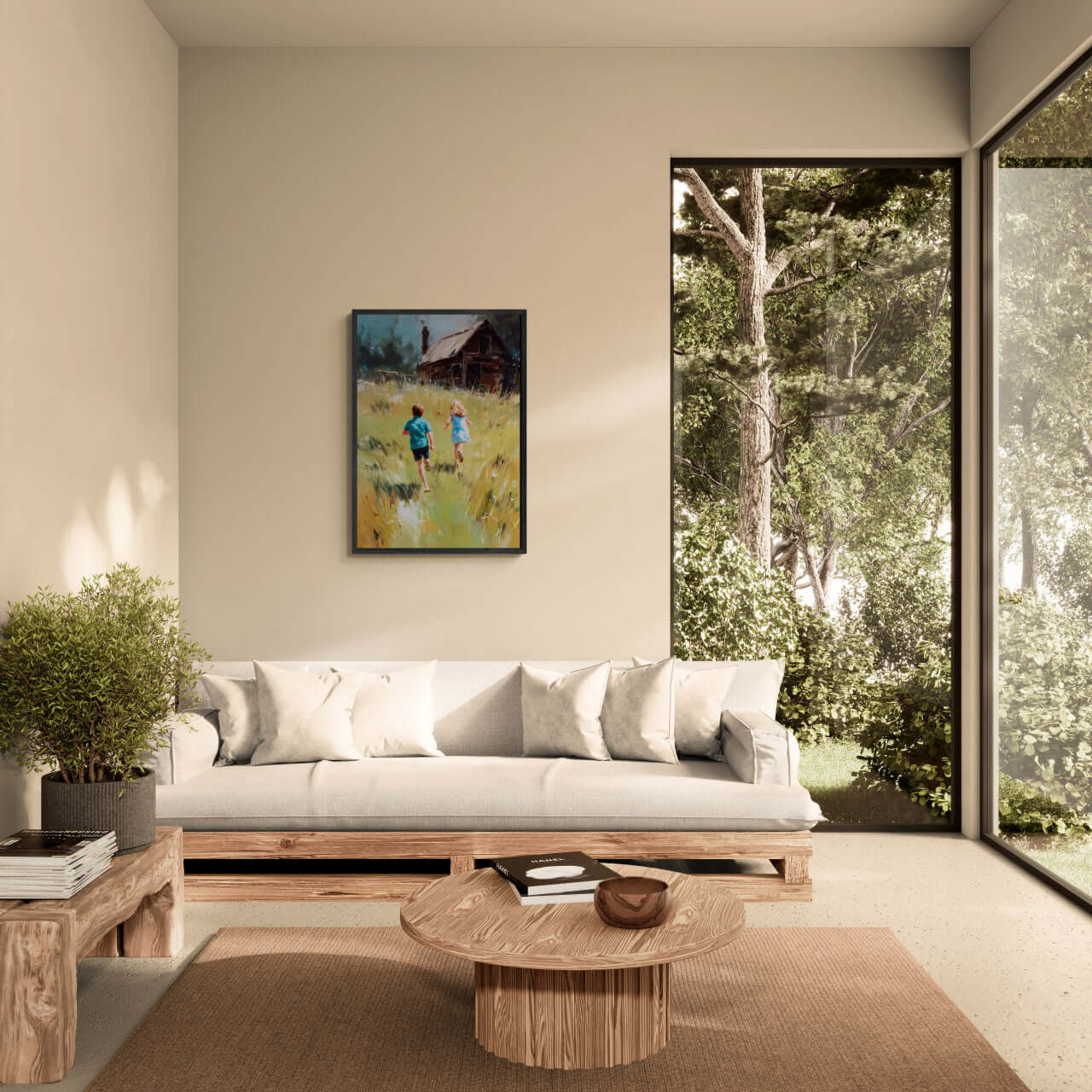 Running Home, Summer Alps - Poster displayed in modern living room with light colors and natural decor.