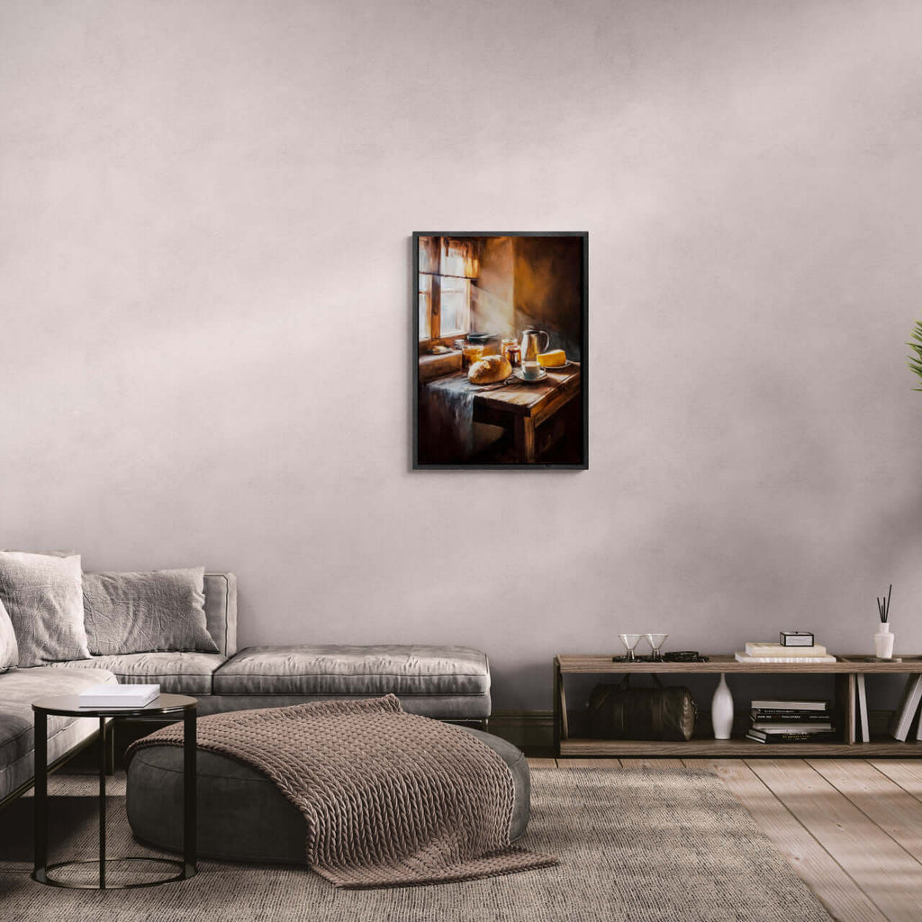 Loaf and Lightbeam - Poster showcasing rustic breakfast scene and warm sunlight, ideal wall art for modern decor.